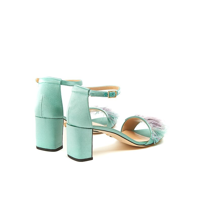 Mint satin sandals with feathers on the front part, ankle strap and 50 mm heel