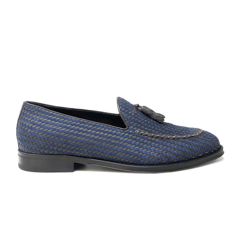 Mocassini blu e testa di moro con nappine fatti a mano in pelle e camoscio intrecciato, modello da uomo by Fragiacomo