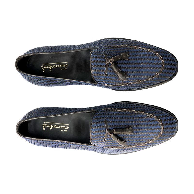 Mocassini blu e testa di moro con nappine fatti a mano in pelle e camoscio intrecciato, modello da uomo by Fragiacomo