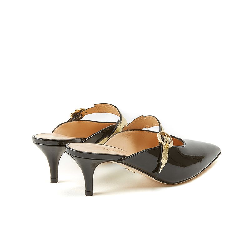 Mules in black patent leather with flash shape detail in gold leather and 55mm heel