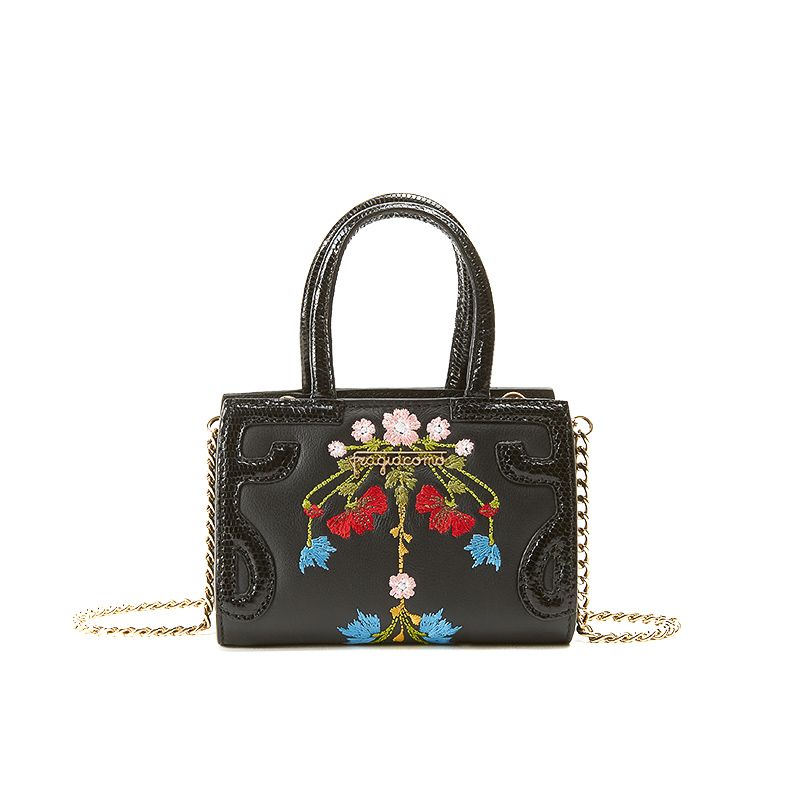 Micro Icon bag in black nappa leather with embroidered garland of multicolour flowers woman