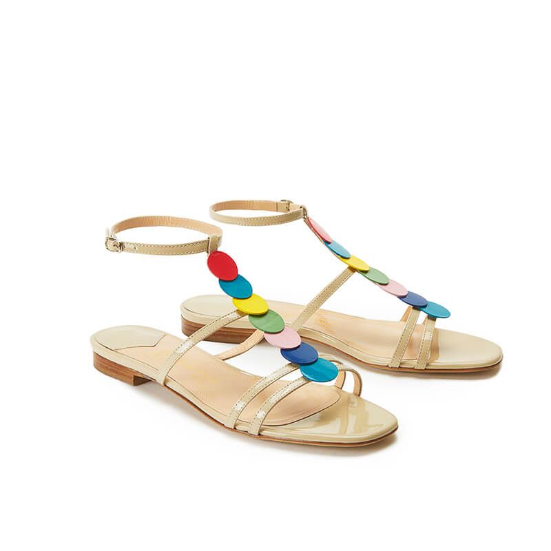 Nude patent leather sandals with ankle strap and multicolor patent leather discs, SS19 collection by Fragiacomo, side view