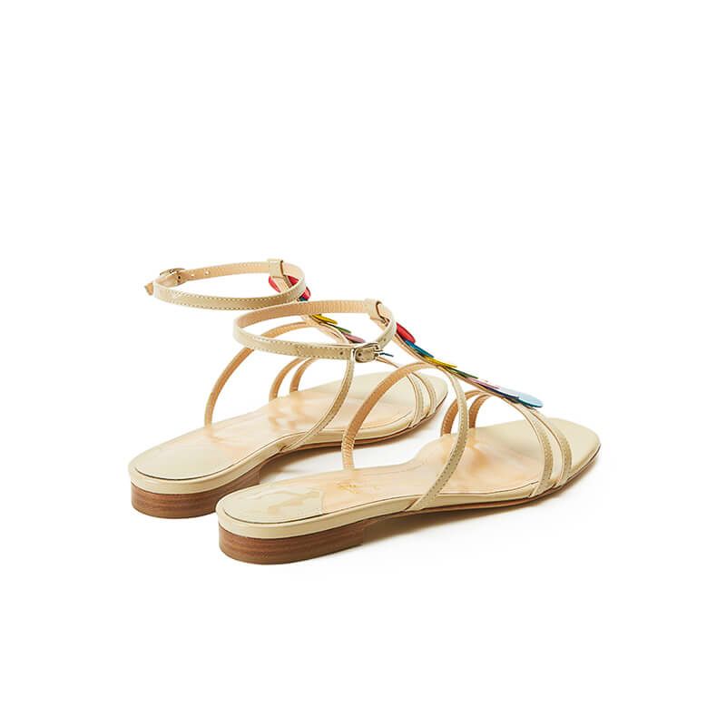 Nude patent leather sandals with ankle strap and multicolor patent leather discs, SS19 collection by Fragiacomo, back view