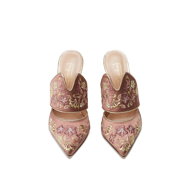 Pink satin mules with floral embroidery, elegant, women's by Fragiacomo, bottom view