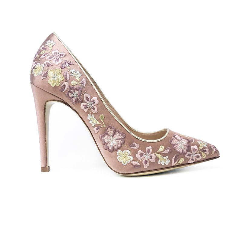 Pink satin pumps with embroidery, hand made in Italy, elegant womas's by Fragiacomo
