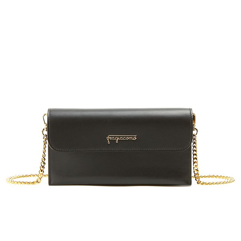 Pochette in black nappa leather with gold accessories woman