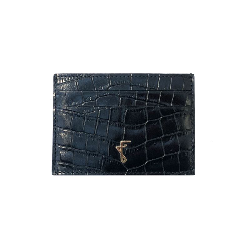 Porta carte di credito nero con finiture oro, realizzato a mano in Italia in pelle stampata coccodrillo, elegante da uomo by Fragiacomo