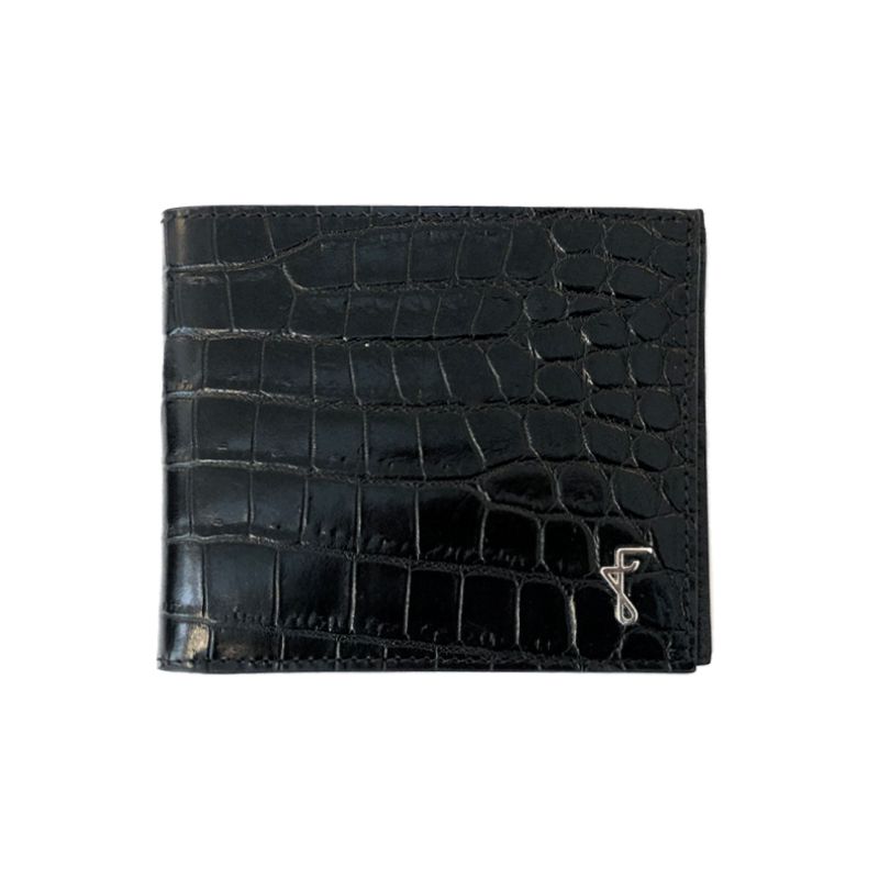 Portafoglio nero con finiture argento, realizzato a mano in Italia in pelle stampata coccodrillo, elegante da uomo by Fragiacomo