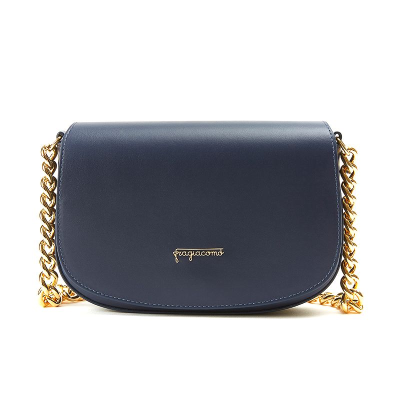 Postino bag in nappa blu con catena e accessori oro da donna