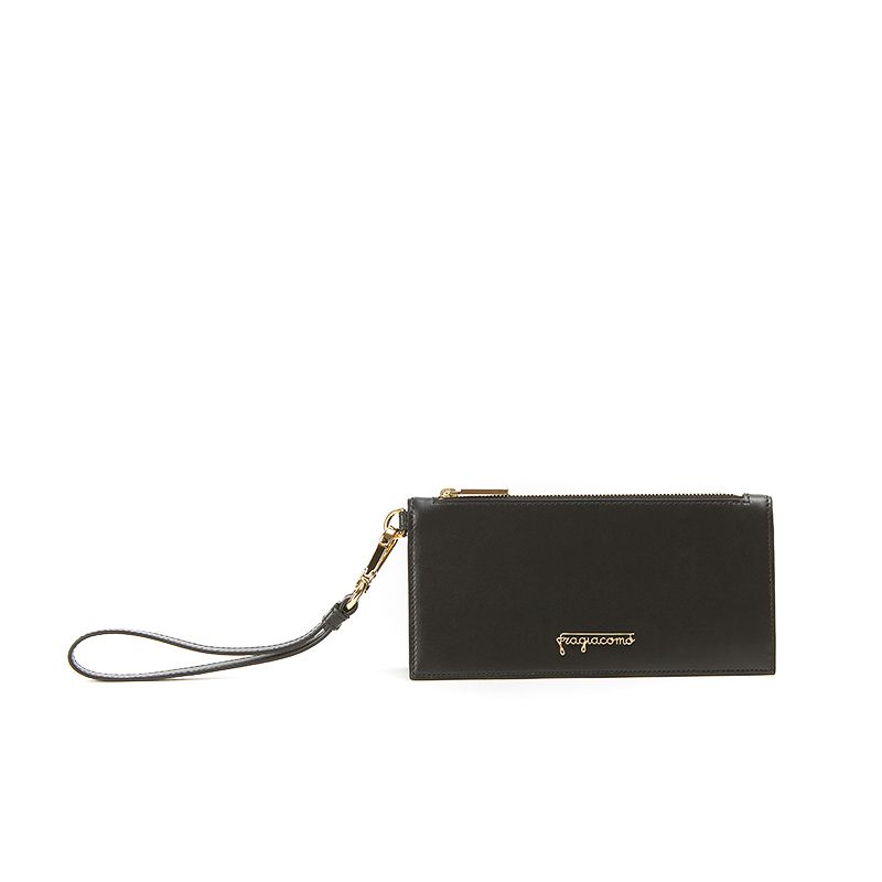 Pouche in black nappa leather with gold accessories woman