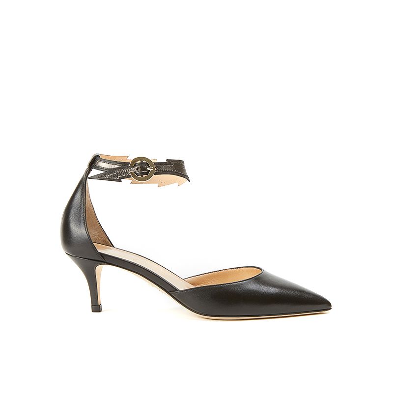 Pumps in black nappa with flash shape ankle strap in dark grey leather and 55mm heel