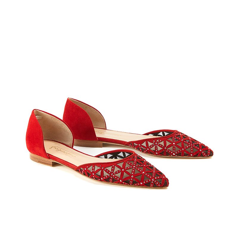 Red suede ballerinas with iconic laser cut pattern, small silver studs and 10 mm heel