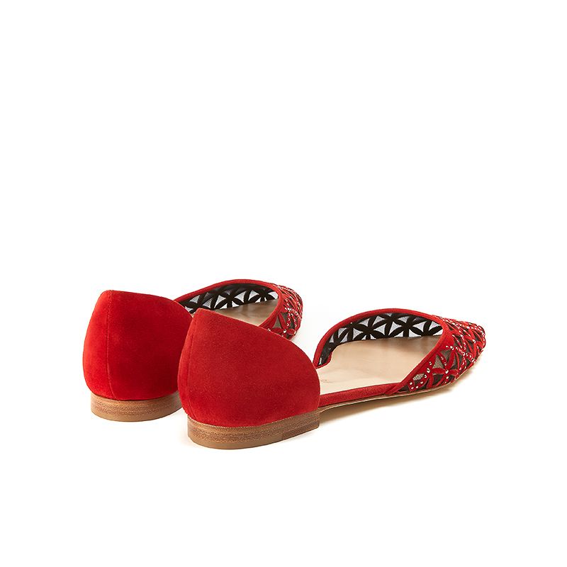 Red suede ballerinas with iconic laser cut pattern, small silver studs and 10 mm heel