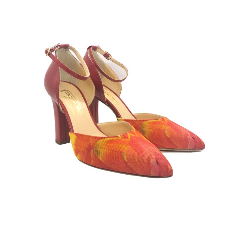 Red leather high heel pumps with feathers print hand made in Italy, women's model by Fragiacomo
