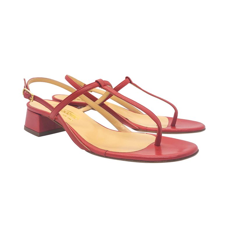 Red leather low heel sandals hand made in Italy, women's model by Fragiacomo