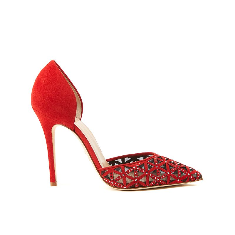 Red suede pumps with iconic laser cut pattern, small silver studs and 100 mm stiletto heel