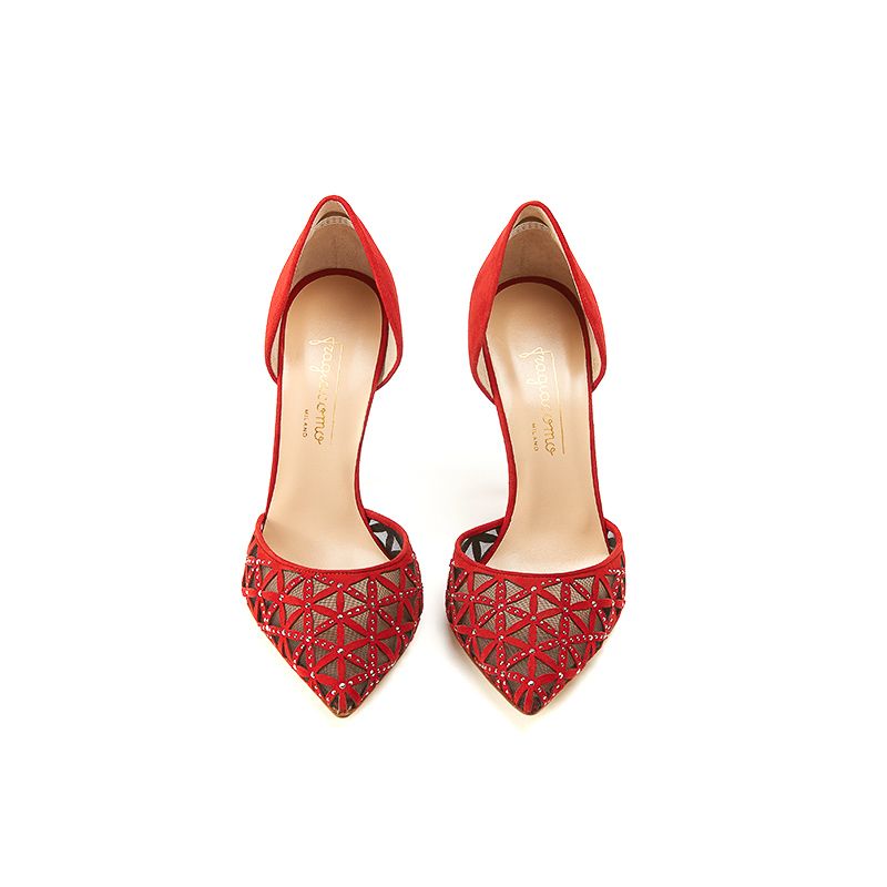 Red suede pumps with iconic laser cut pattern, small silver studs and 100 mm stiletto heel