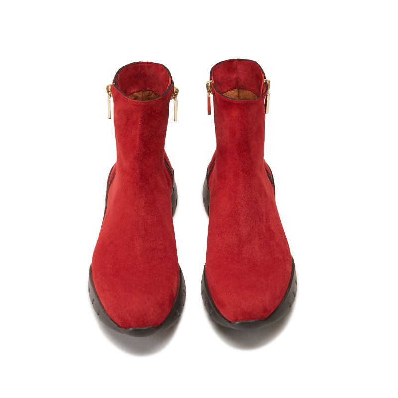 Red suede ankle boots hand made in Italy with zip and embroidery, women's model by Fragiacomo, over view