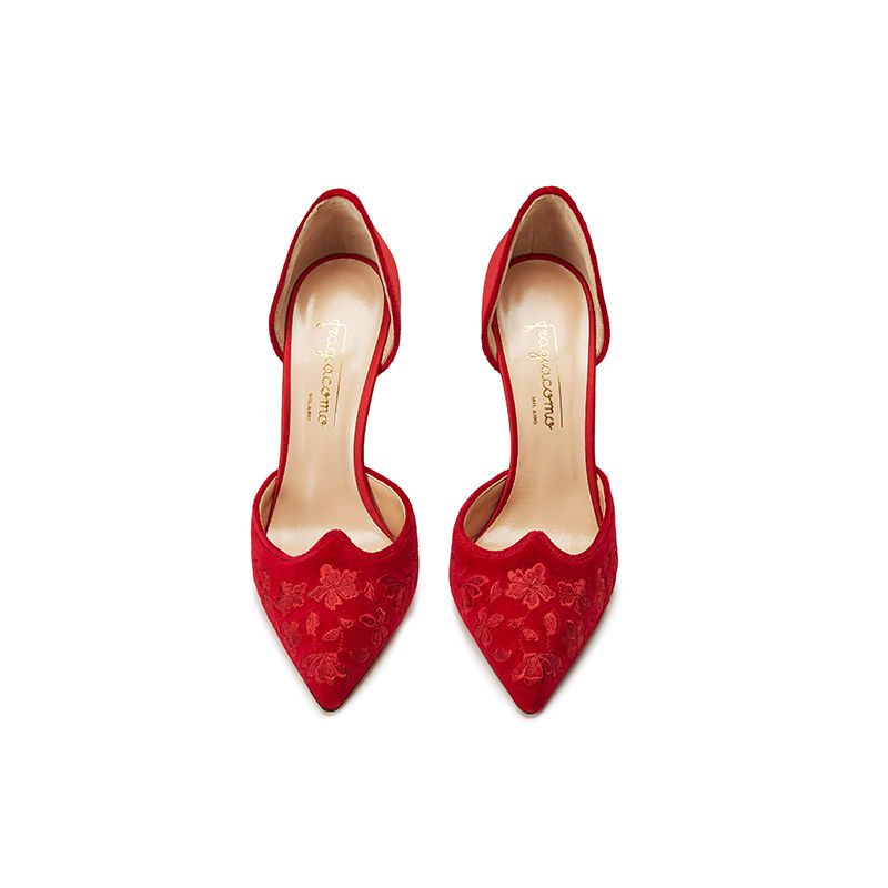 Red velvet pumps with embroidery ton sur ton on the point and satin on the back part, elegant women's, by Fragiacomo, over view
