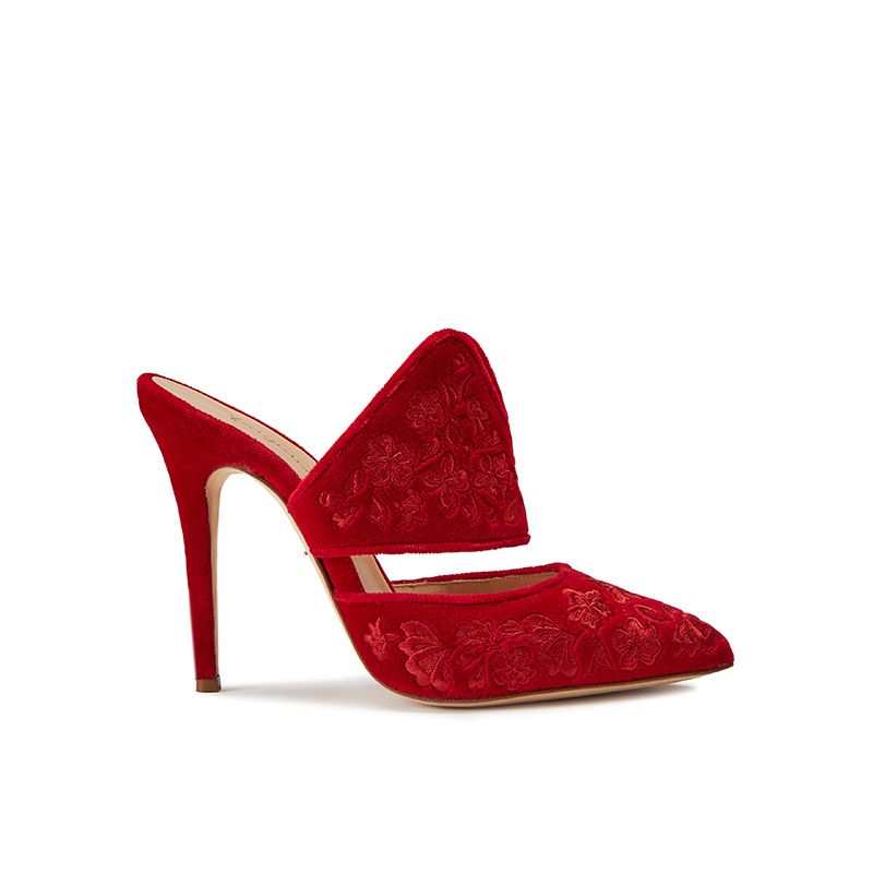 Mules rosse in velluto con ricamo floreale ton sur ton, eleganti da donna, by Fragiacomo