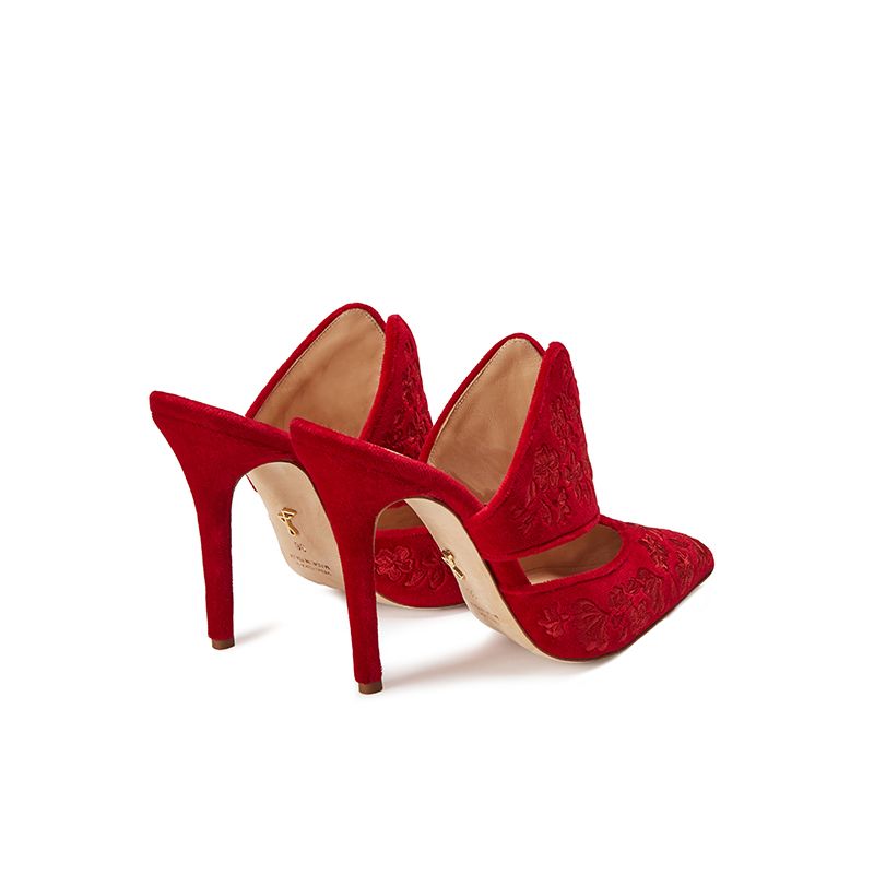 Red velvet mules with floral embroidery ton sut ton, elegant women's, by Fragiacomo, back view