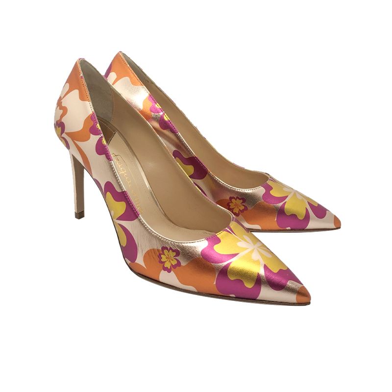 Rose gold and orange leather Flower Candy pump with 85 mm heel hand made in Italy, women's model by Fragiacomo