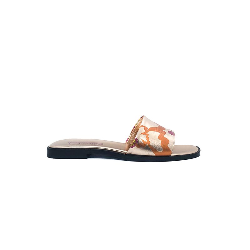 Rose gold laminated leather flat sandals with multicolor floral pattern hand made in Italy, women's model by Fragiacomo