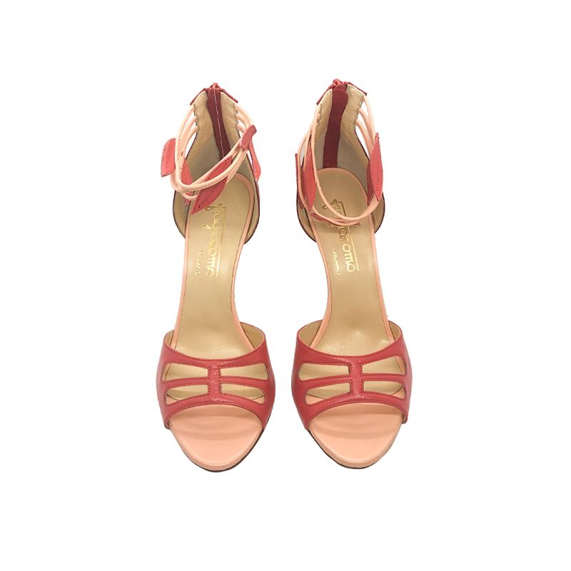 Sandali in pelle rossa e corallo con tacco alto fatti a mano in Italia, modello da donna by Fragiacomo