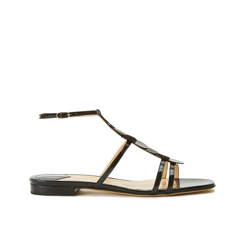 Sandali neri in vernice con cinturino e dischi in pelle di camoscio, collezione SS19 by Fragiacomo