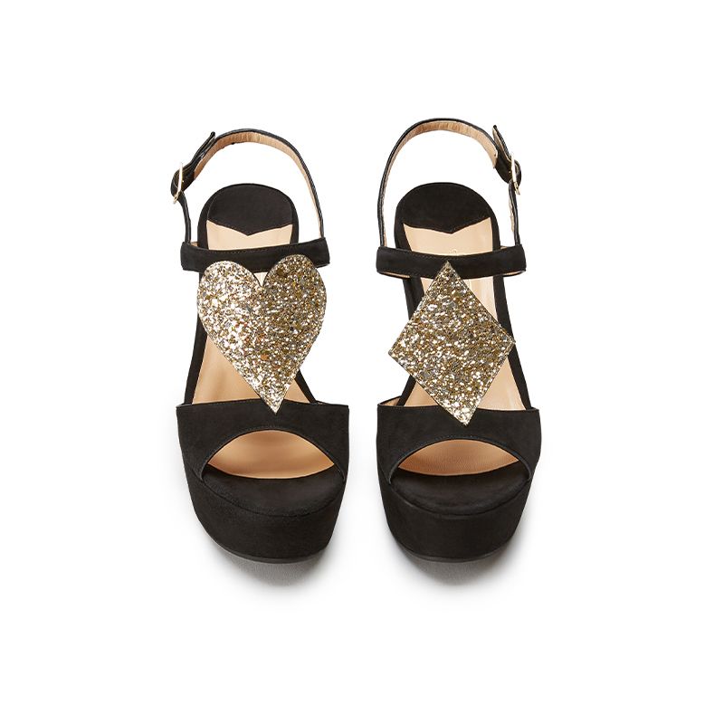 Sandali con zeppa in camoscio neri fatti a mano in Italia con simboli in glitter oro, modello da donna by Fragiacomo