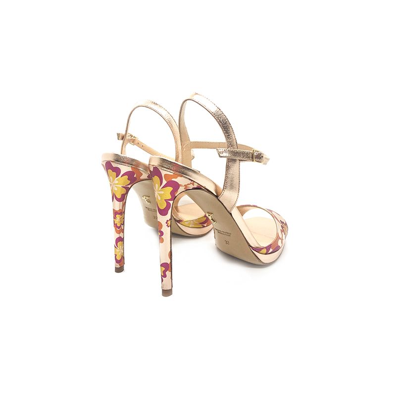 Sandali con tacco alto in pelle laminata oro rosa fatti a mano in Italia con stampa floreale multicolor, modello da donna by Fragiacomo