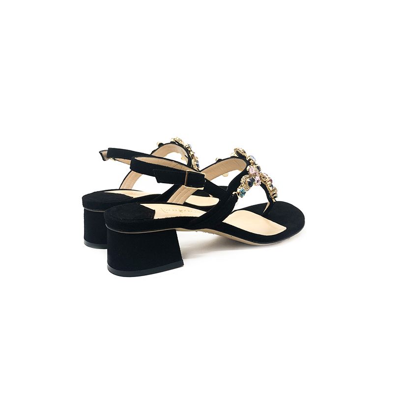 Sandali infradito in camoscio nero fatti a mano in Italia con cristalli multicolor, modello da donna by Fragiacomo