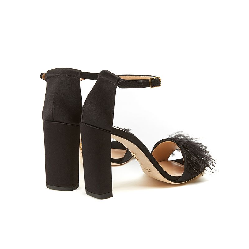 Sandali alti neri con tacco largo in raso con piume e cinturino alla caviglia, da donna by Fragiacomo