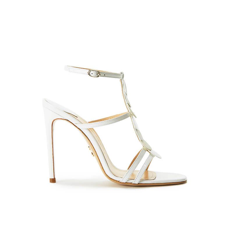 Sandali bianchi in vernice con cinturino, dischi in pelle e tacco alto 100mm, collezione SS19 by Fragiacomo