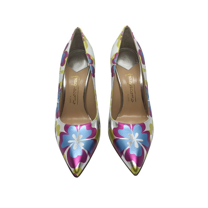 Silver and blue leather Flower Candy pump with 105 mm heel hand made in Italy, women's model by Fragiacomo