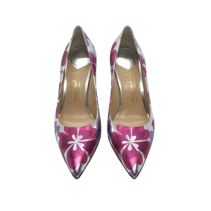Silver and fuchsia leather Flower Candy pump with 85 mm heel hand made in Italy, women's model by Fragiacomo