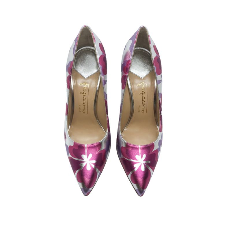 Silver and fuchsia leather Flower Candy pump with 105 mm heel hand made in Italy, women's model by Fragiacomo