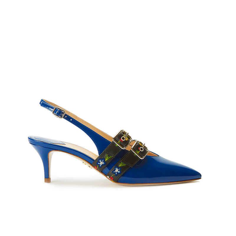Slingback in vernice blu con cinturino ricamato e tacco 55mm, collezione SS19 by Fragiacomo