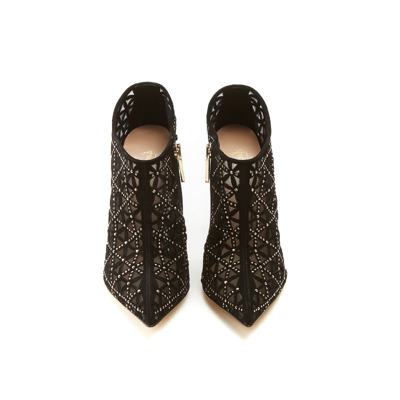 Tronchetti neri in camoscio con iconico pattern laserato, piccole borchie dorate e tacco stiletto 10 cm, da donna by Fragiacomo