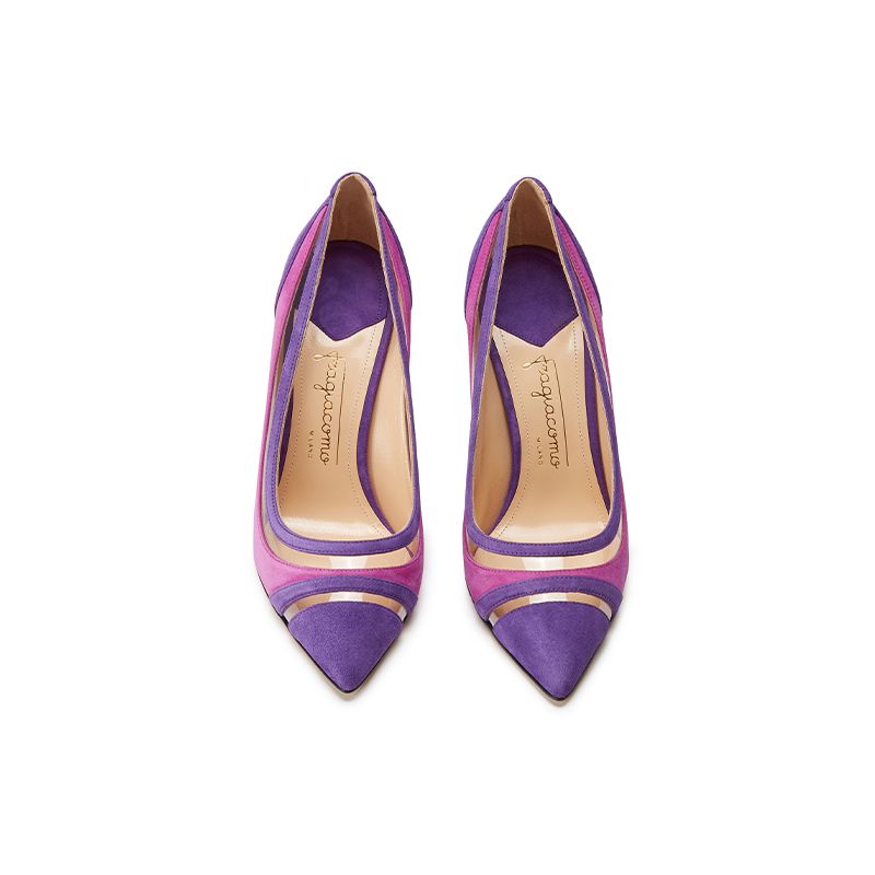 Violet and fuchsia suede pumps with pvc inserts hand made in Italy, women's model by Fragiacomo