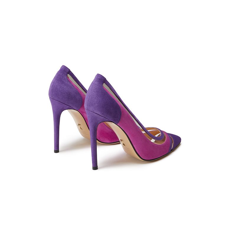 Violet and fuchsia suede pumps with pvc inserts hand made in Italy, women's model by Fragiacomo