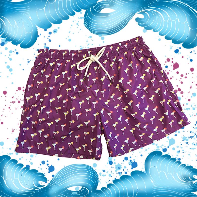 Violet men’s swim shorts in light fabric with cocktail pattern made in Italy by Fragiacomo