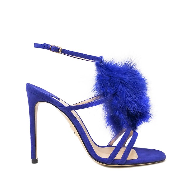 Violet suede sandals with ankle strap, feathers and high heel 105 mm, SS21 collection by Fragiacomo, side view