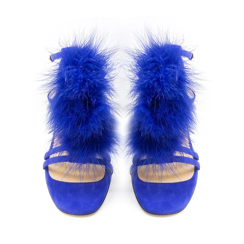 Violet suede sandals with ankle strap, feathers and high heel 105 mm, SS21 collection by Fragiacomo, side view