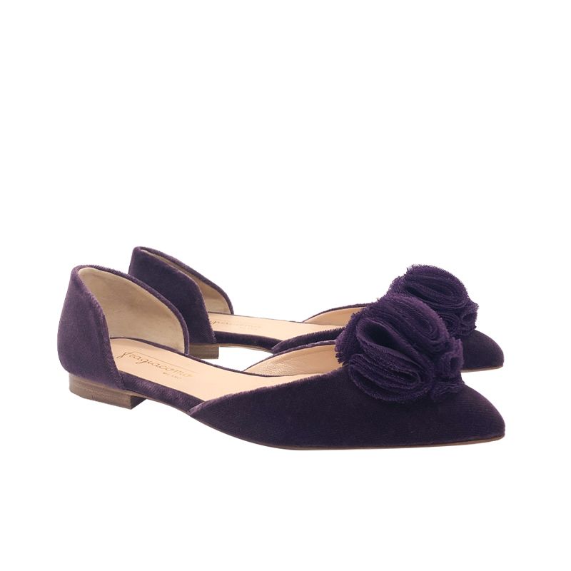Violet velvet ballerinas with rouche hand made in Italy, women's model by Fragiacomo