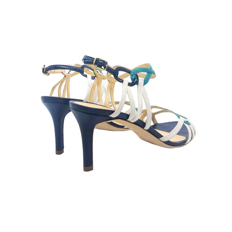 White and dark blue leather sandals with medium heel hand made in Italy, women's model by Fragiacomo