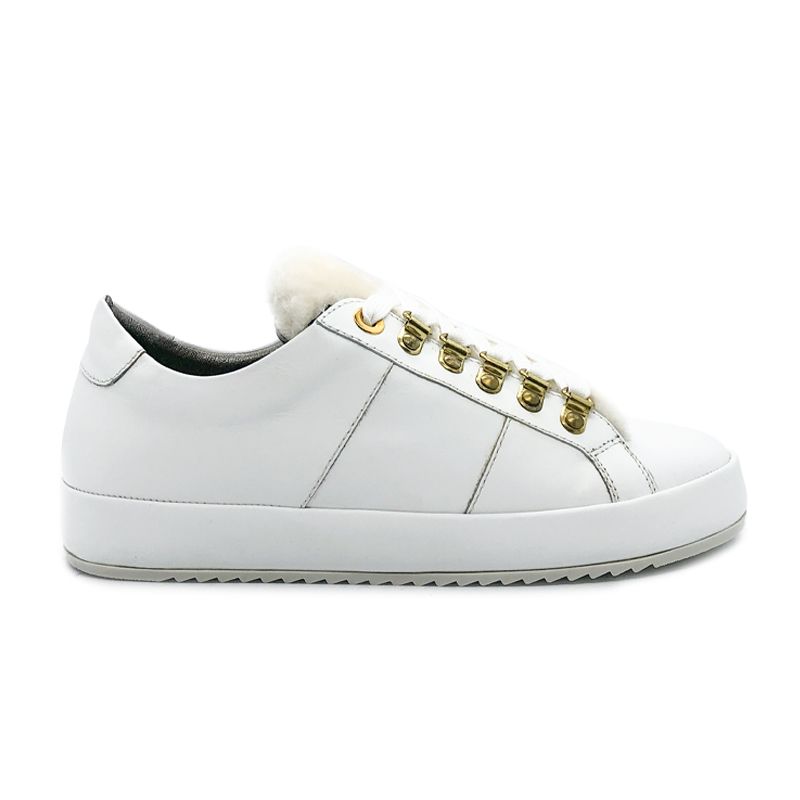 White leather sneakers with ivory fur tongue hand made in Italy, women's model by Fragiacomo