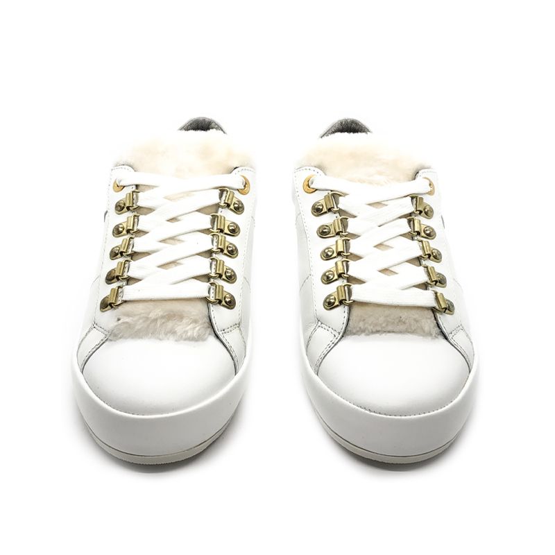 White leather sneakers with ivory fur tongue hand made in Italy, women's model by Fragiacomo