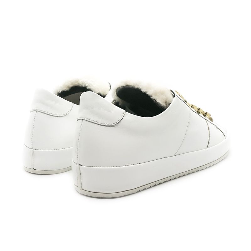 White leather sneakers with ivory fur tongue hand made in Italy, women's model by Fragiacomo