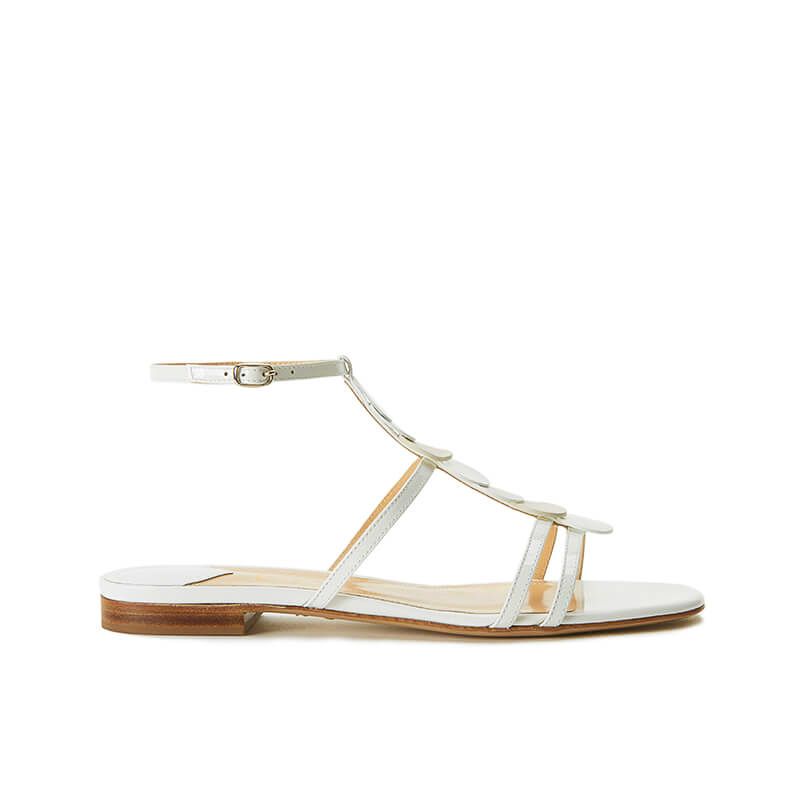 White patent leather sandals with ankle strap and leather and suede discs, SS19 collection by Fragiacomo